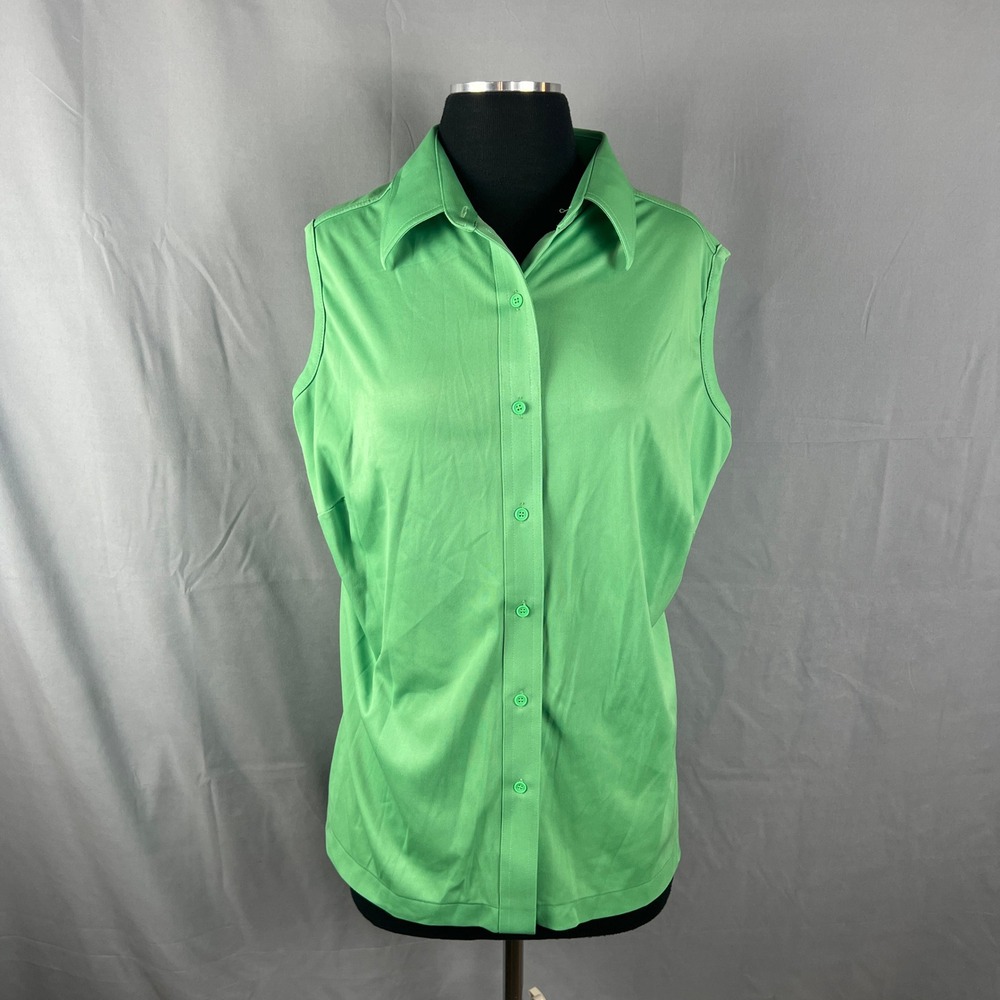 Vintage Sears Perma Prest Shirt Women 42 Green Sharp Collar Button Up Sleeveless